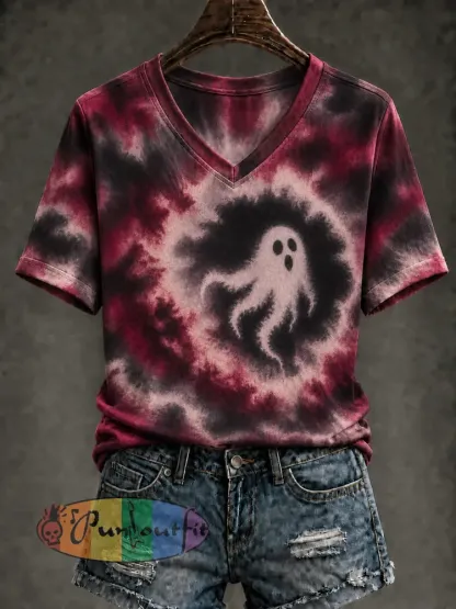 Women’s Ghost Tie Dye Printed V-neck T-shirt - As picture · S