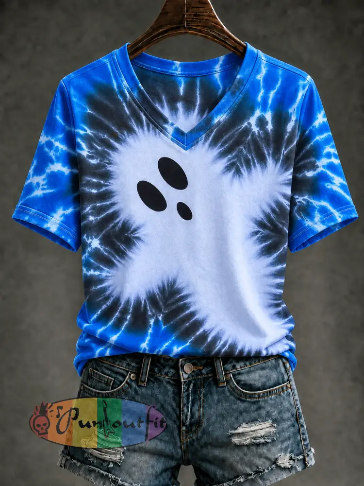 Women’s Ghost Tie Dye Printed V-neck T-shirt - As picture · S