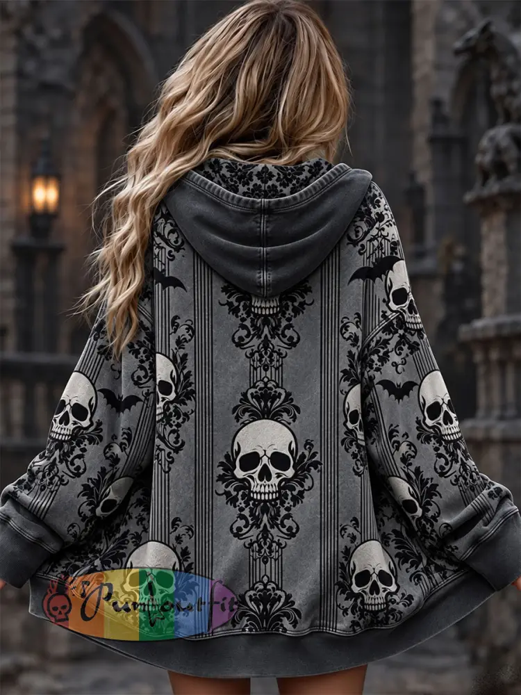 Women’s Halloween Skull and Bat Print Jacket - Dark Gray · S
