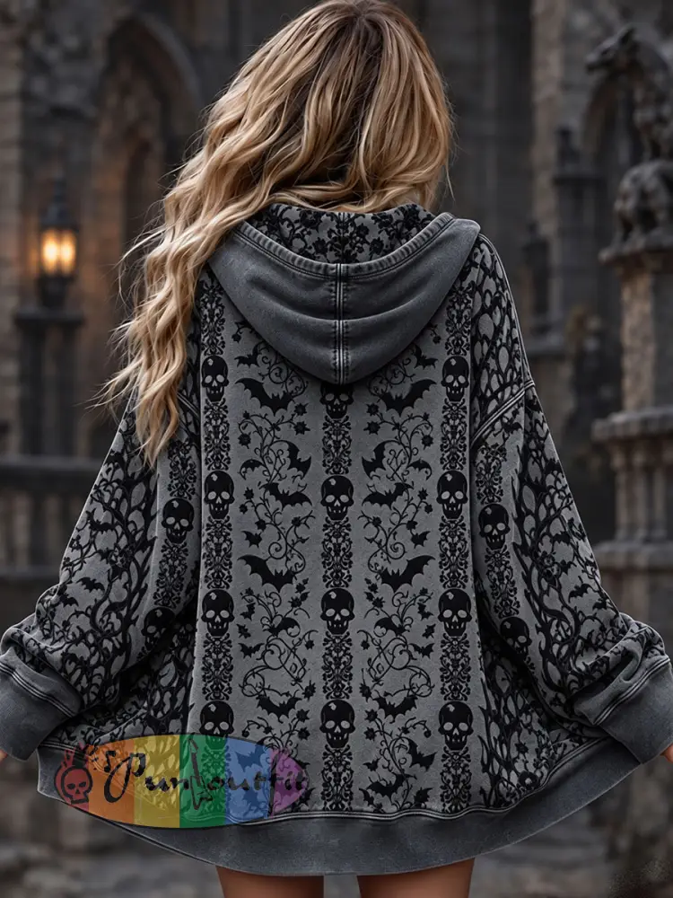 Women’s Halloween Skull and Bat Print Jacket - Dark Gray · S