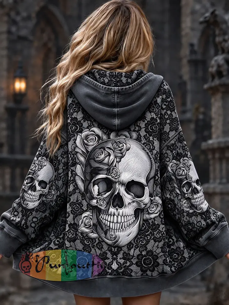 Women’s Halloween Skull Print Jacket - Dark Gray · S