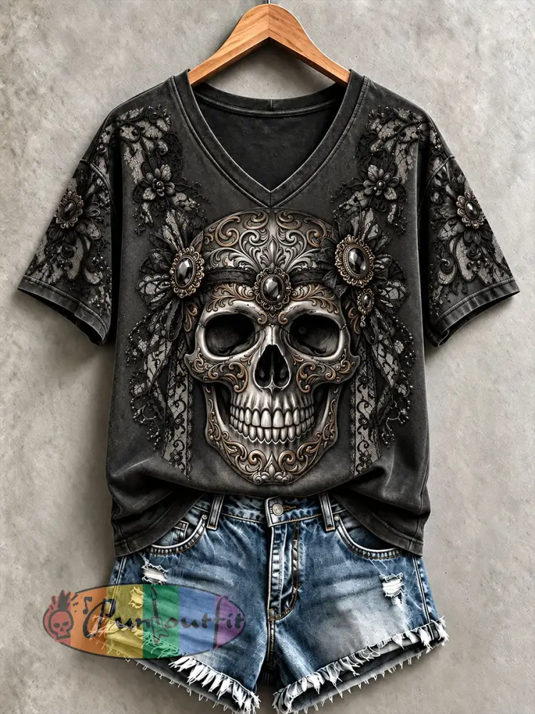 Women’s Halloween Skull Print V-Neck T-Shirts - Dark Grey · S