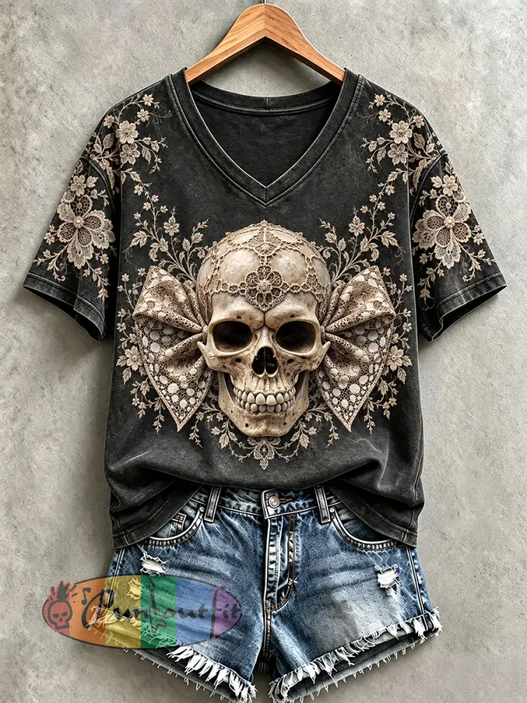 Women’s Halloween Skull Print V-Neck T-Shirts - Dark Grey · S