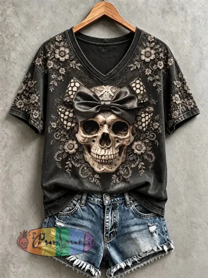 Women’s Halloween Skull Print V-Neck T-Shirts - Dark Grey · S