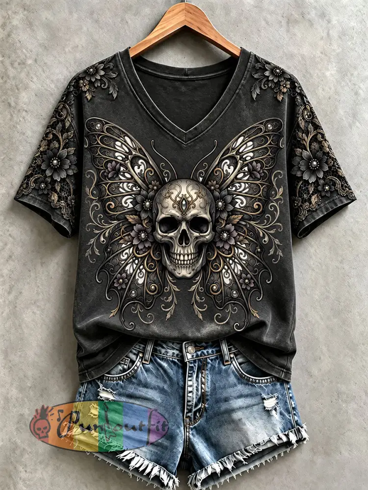 Women’s Halloween Skull Print V-Neck T-Shirts - Dark Grey · S