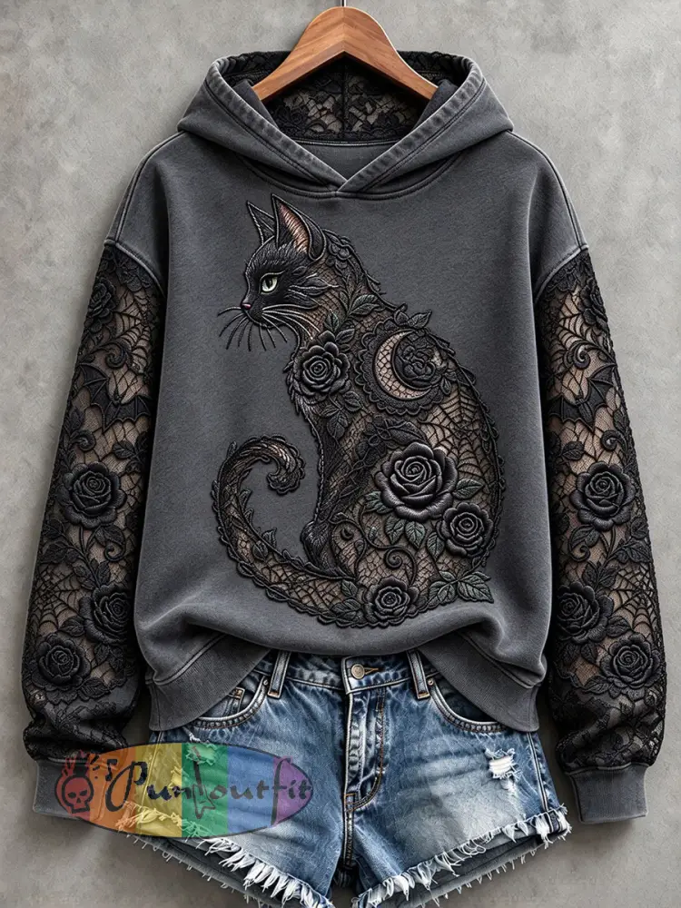 Women’s Floral Black Cat Hoodies - Dark Gray · S