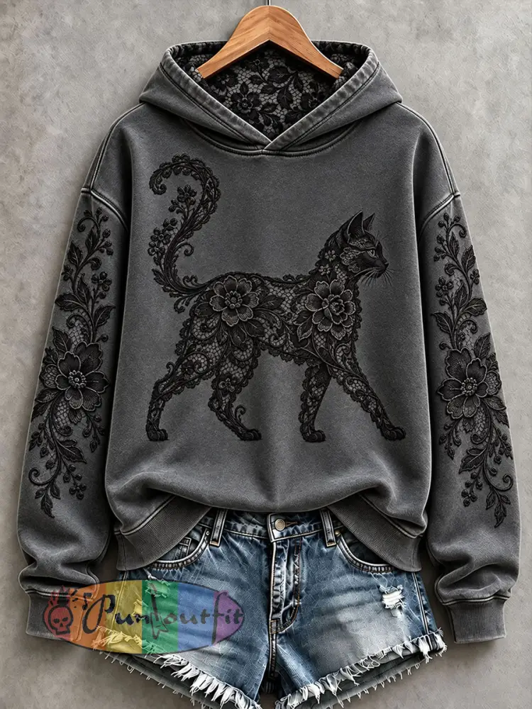 Women’s Floral Black Cat Hoodies - Dark Gray · S