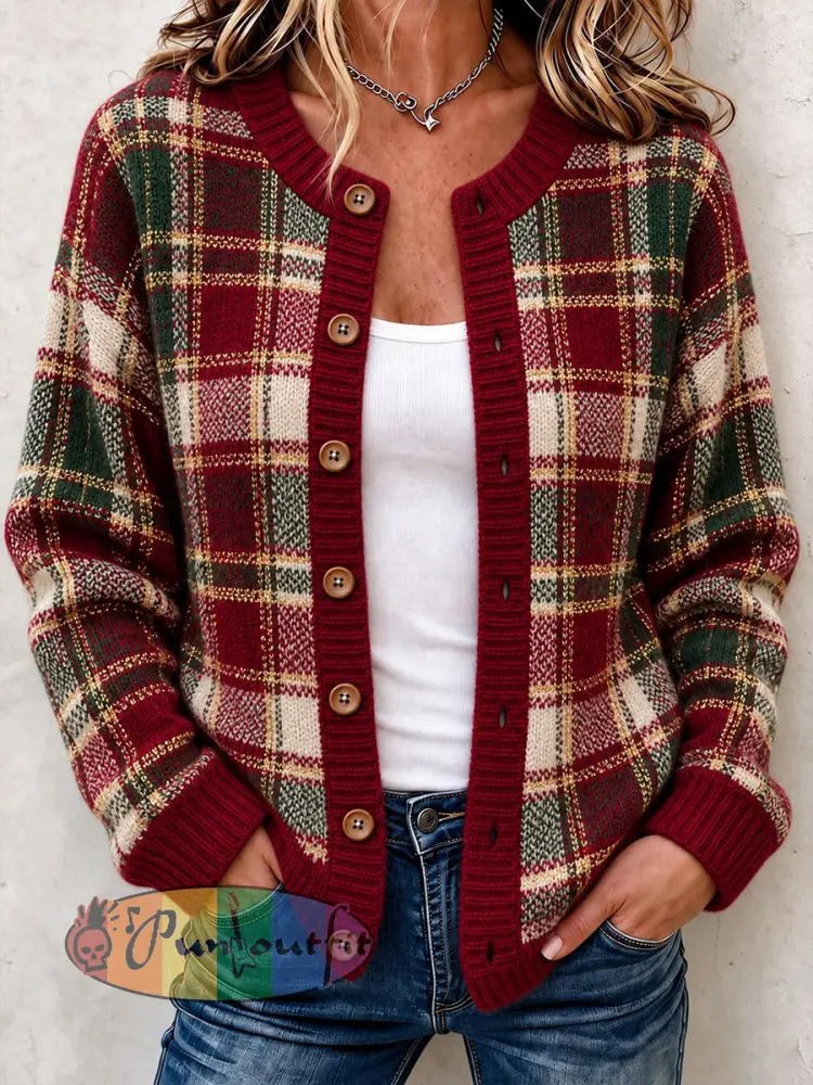 Women’s Christmas Plaid Cozy Knit Cardigan - Red · S