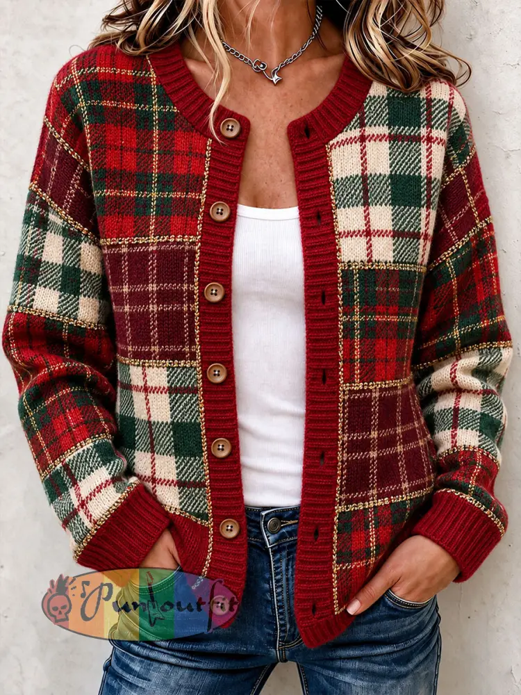 Women’s Christmas Plaid Cozy Knit Cardigan - Red · S