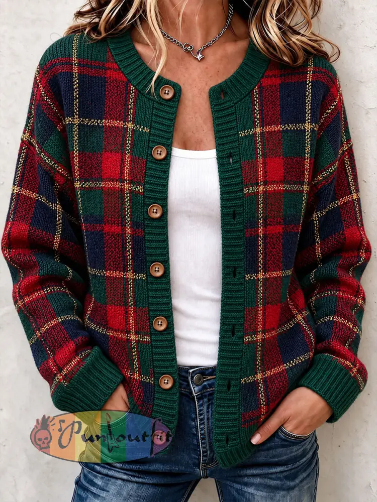 Women’s Christmas Plaid Cozy Knit Cardigan - As picture · S