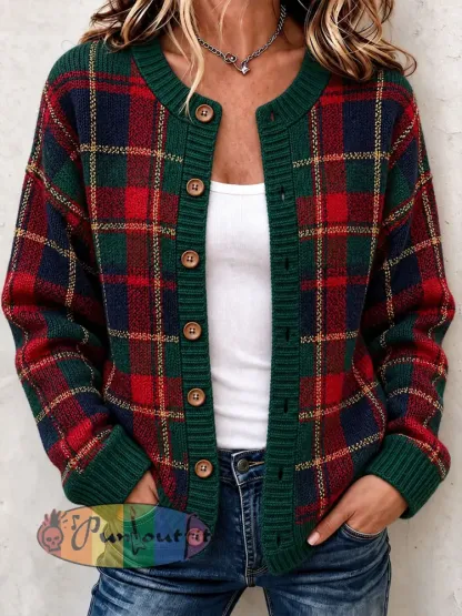 Women’s Christmas Plaid Cozy Knit Cardigan - As picture · S
