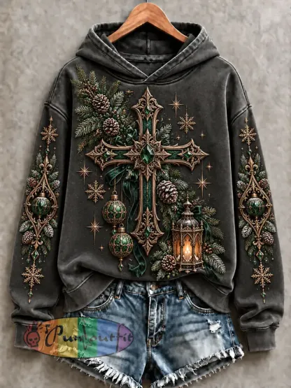 Women’s Gothic Christmas Cross Hoodies - Dark Grey · S
