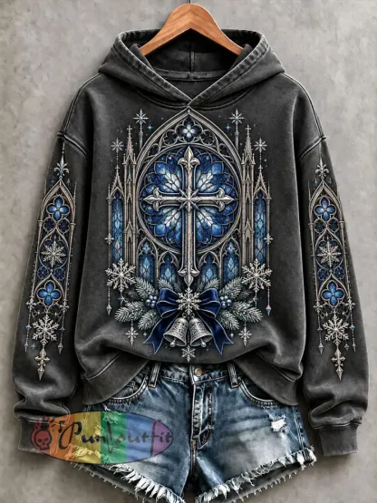 Women’s Gothic Christmas Cross Hoodies - Dark Grey · S