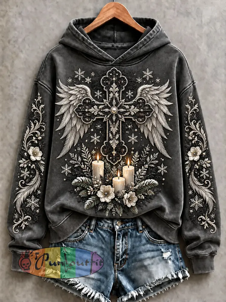 Women’s Gothic Christmas Cross Hoodies - Dark Grey · S
