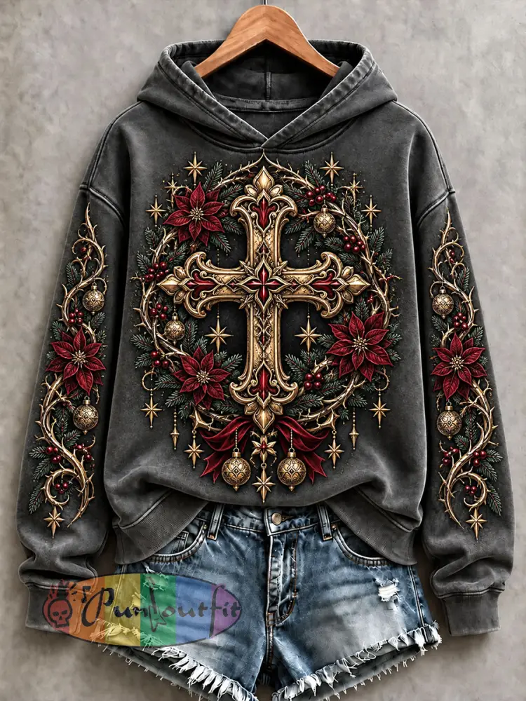 Women’s Gothic Christmas Cross Hoodies - Dark Grey · S