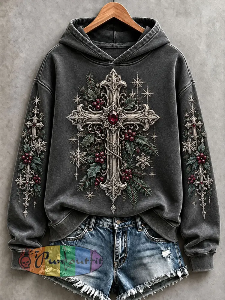 Women’s Gothic Christmas Cross Hoodies - Dark Grey · S