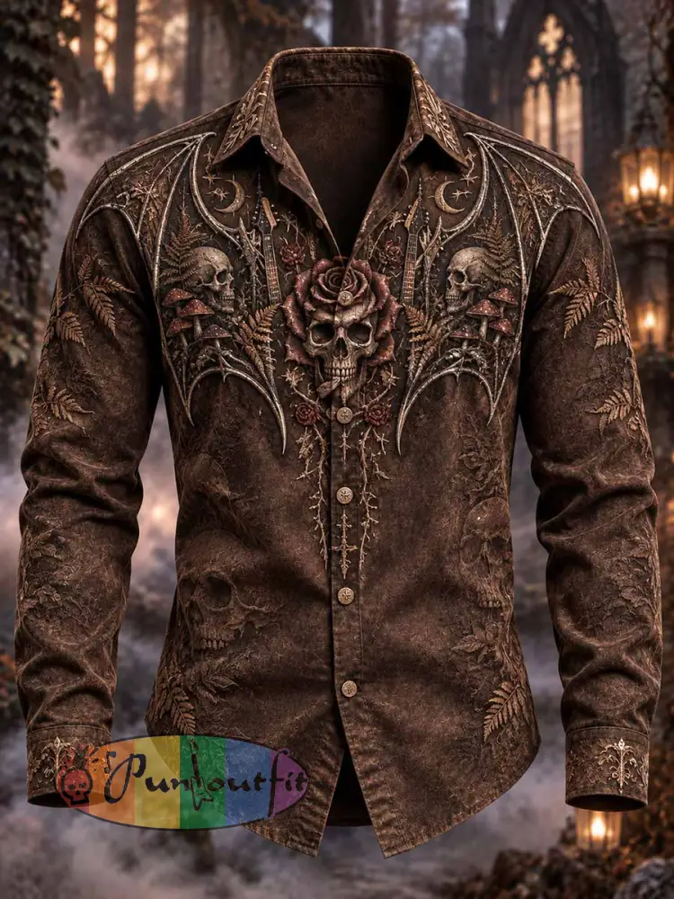 Men’s Gothic Forest Rock Skull Pattern Printed Shirt - As picture · S