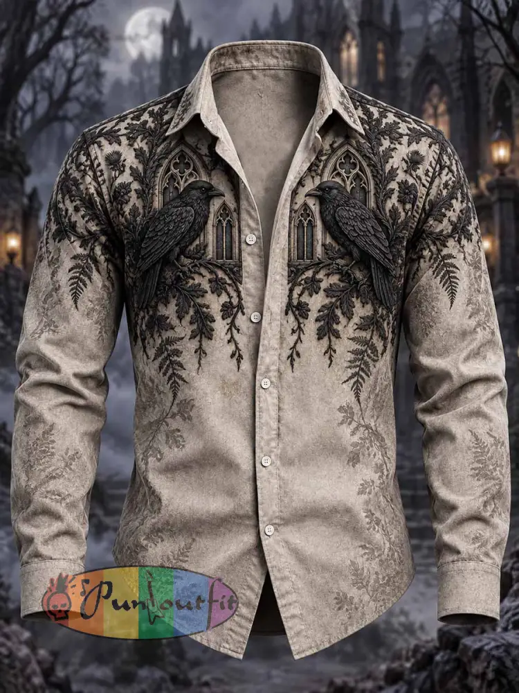 Men’s Gothic Forest Crow Print Shirt - As picture · S
