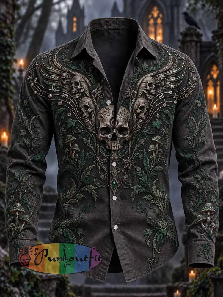 Men’s Gothic Forest Rock Skull Pattern Printed Shirt - As picture · S
