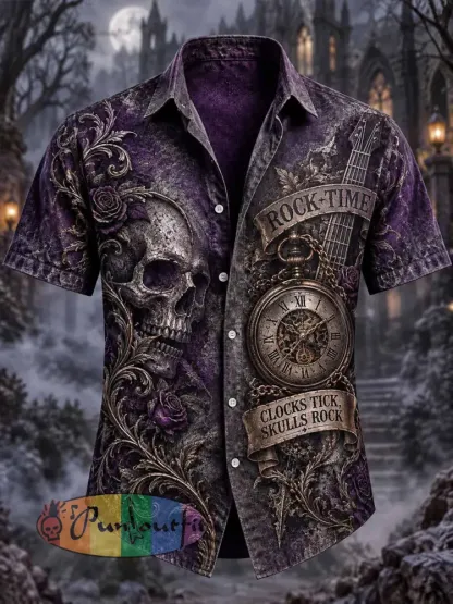 Men’s Vintage ’Rock Time’ Skull Print Shirt - As picture · S