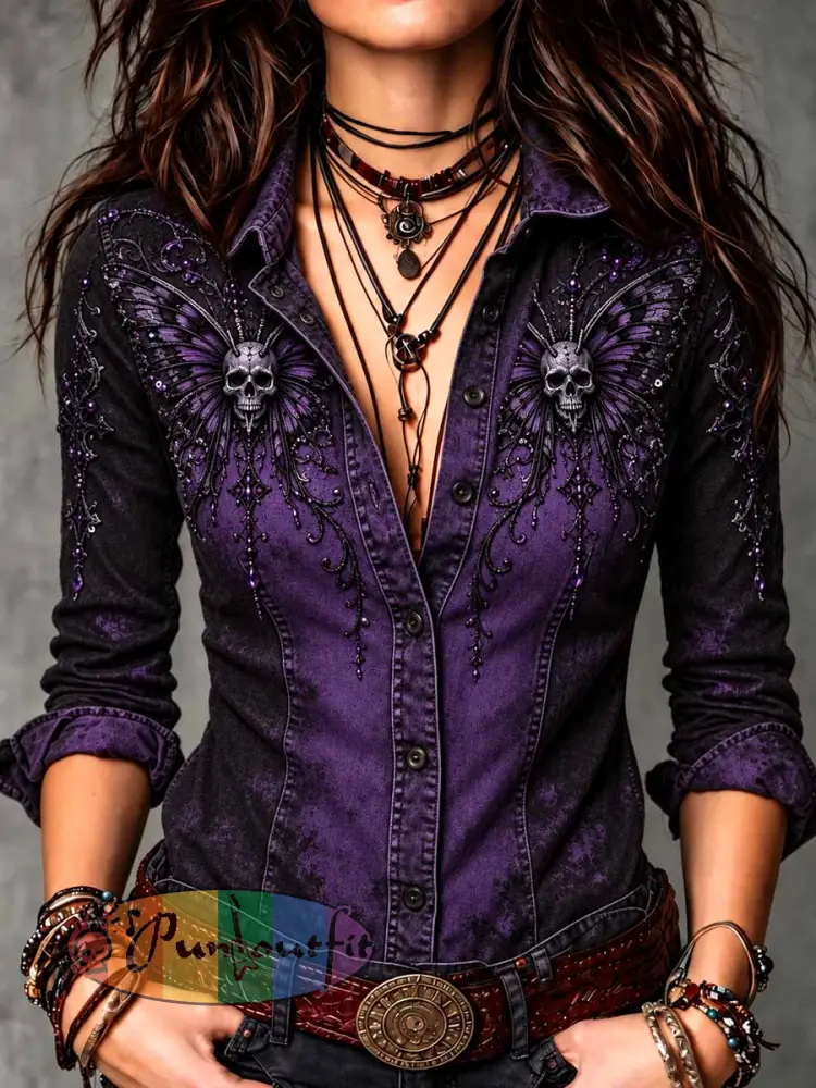Women’s Retro Gothic Skull Print Shirt - As picture · S