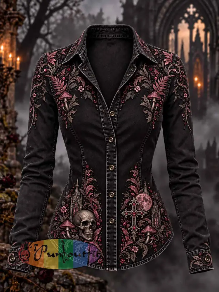 Women’s Retro Gothic Skull Print Shirt - As picture · S