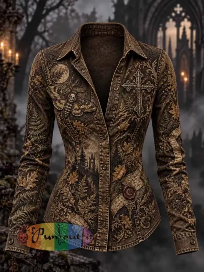 Women’s Retro Gothic Forest Map Skull Print Shirt - As picture · S