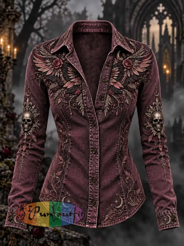 Women’s Retro Gothic Skull Print Shirt - As picture · S