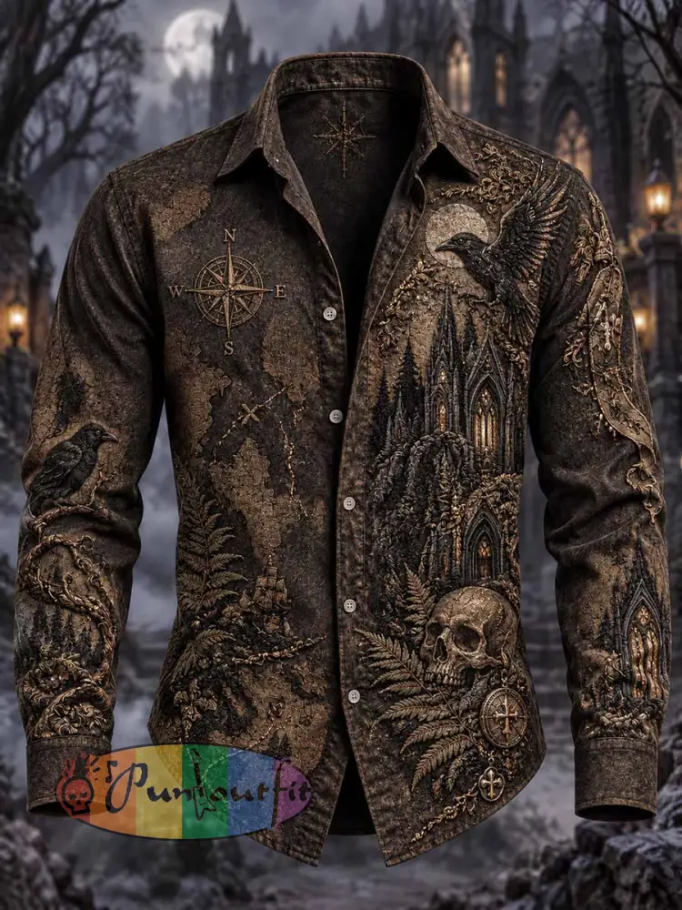Men’s Gothic Forest Map Skull Print Shirt - As picture · S
