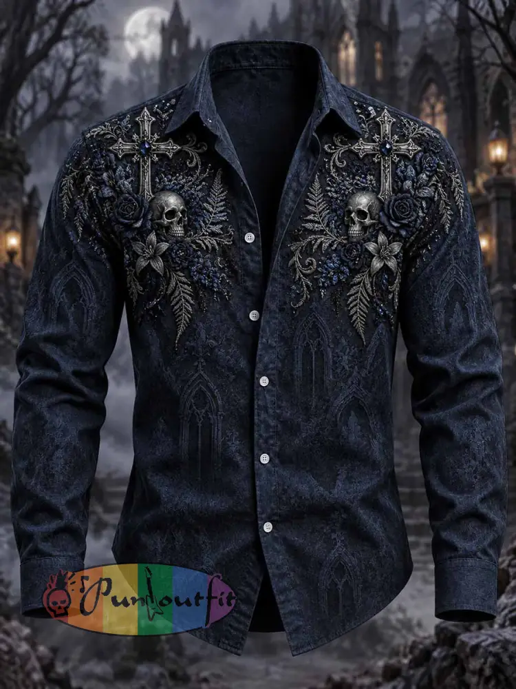 Men’s Gothic Skull Cross Print Shirt - As picture · S