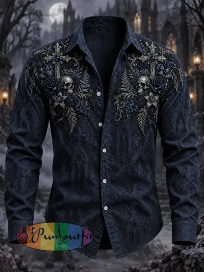 Men’s Gothic Skull Cross Print Shirt - As picture · S