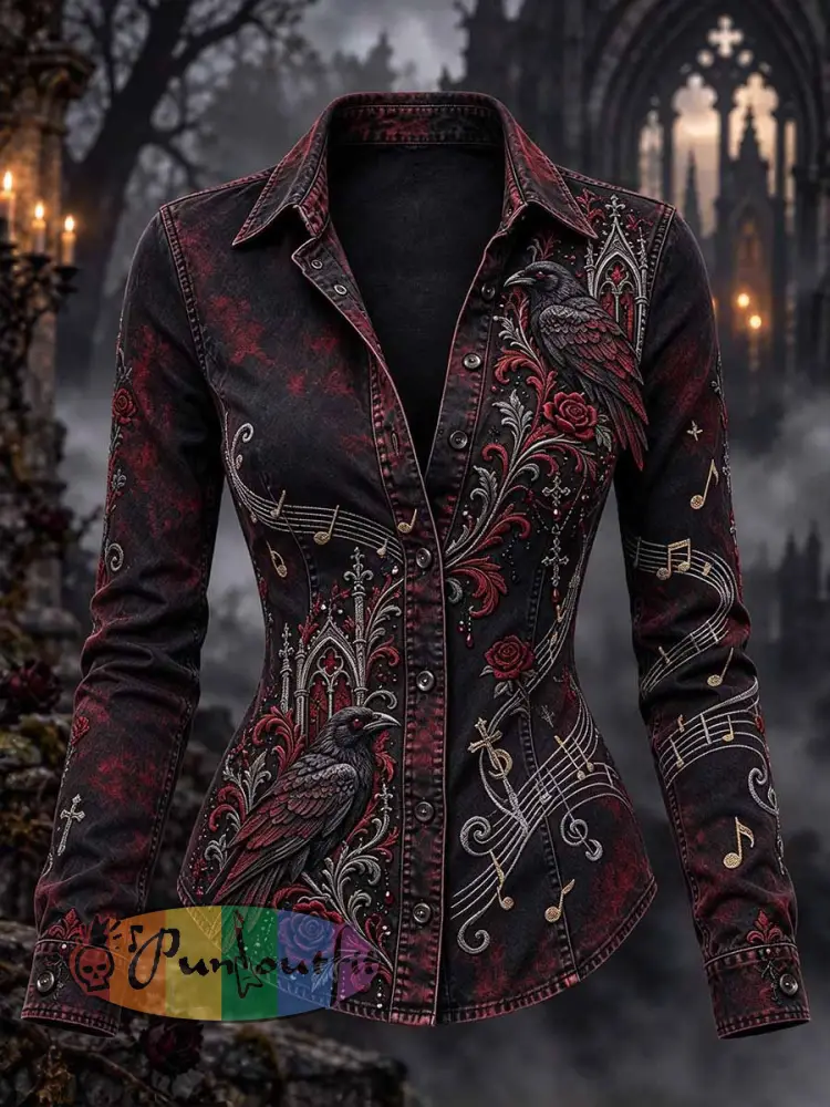 Women’s Retro Gothic Rock Crow Print Shirt - As picture · S