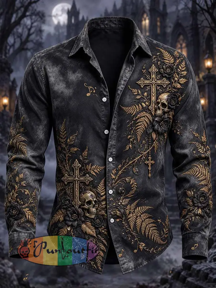 Men’s Gothic Skull Cross Print Shirt - As picture · S