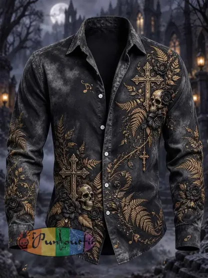Men’s Gothic Skull Cross Print Shirt - As picture · S