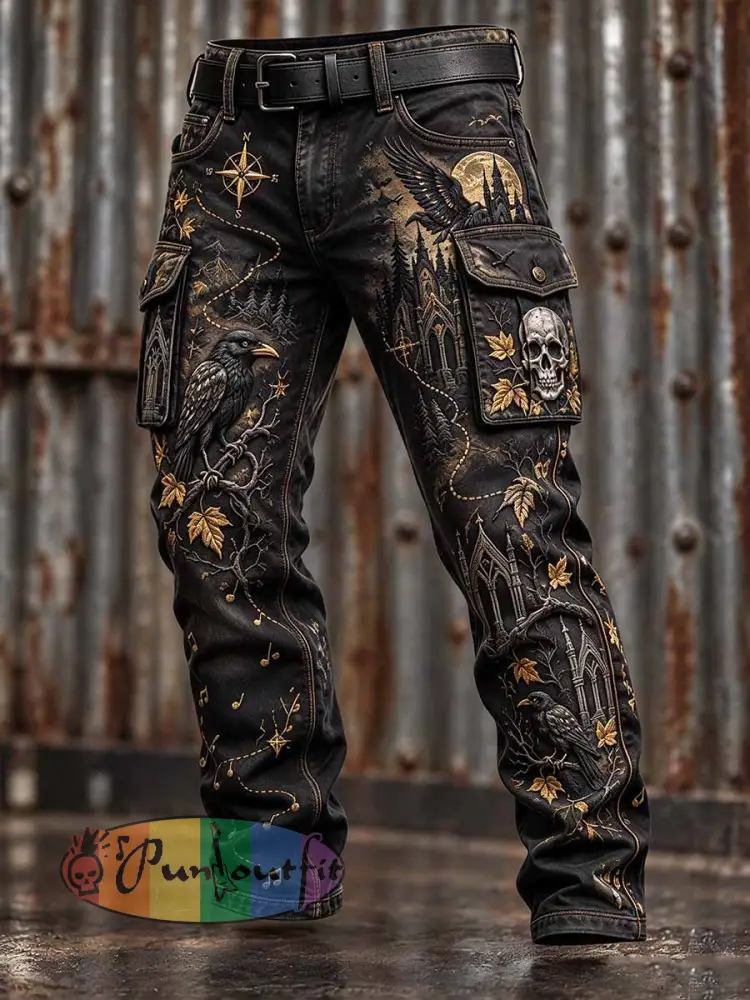 Men’s Forest Gothic Skull Print Work Pants - As picture · S
