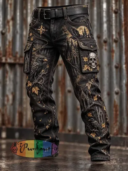 Men’s Forest Gothic Skull Print Work Pants - As picture · S