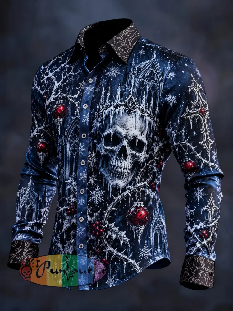 Men’s Gothic Skull Christmas Graphic Long Shirt - As picture · S