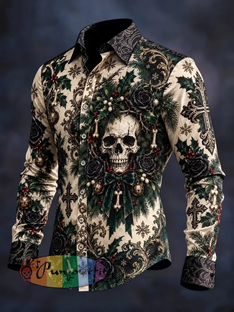 Men’s Gothic Skull Christmas Graphic Long Shirt - As picture · S