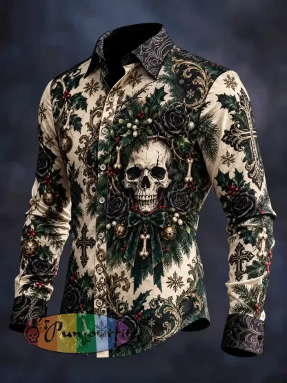 Men’s Gothic Skull Christmas Graphic Long Shirt - As picture · S