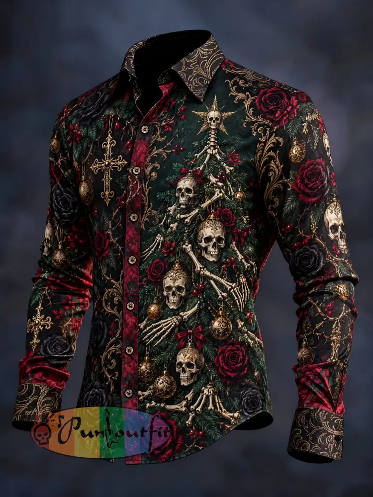 Men’s Gothic Skull Christmas Graphic Long Shirt - As picture · S