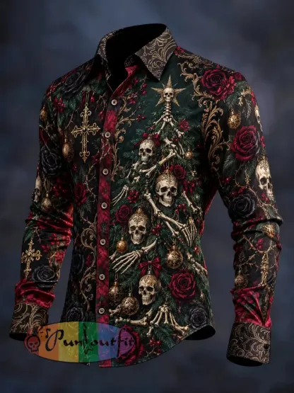 Men’s Gothic Skull Christmas Graphic Long Shirt - As picture · S