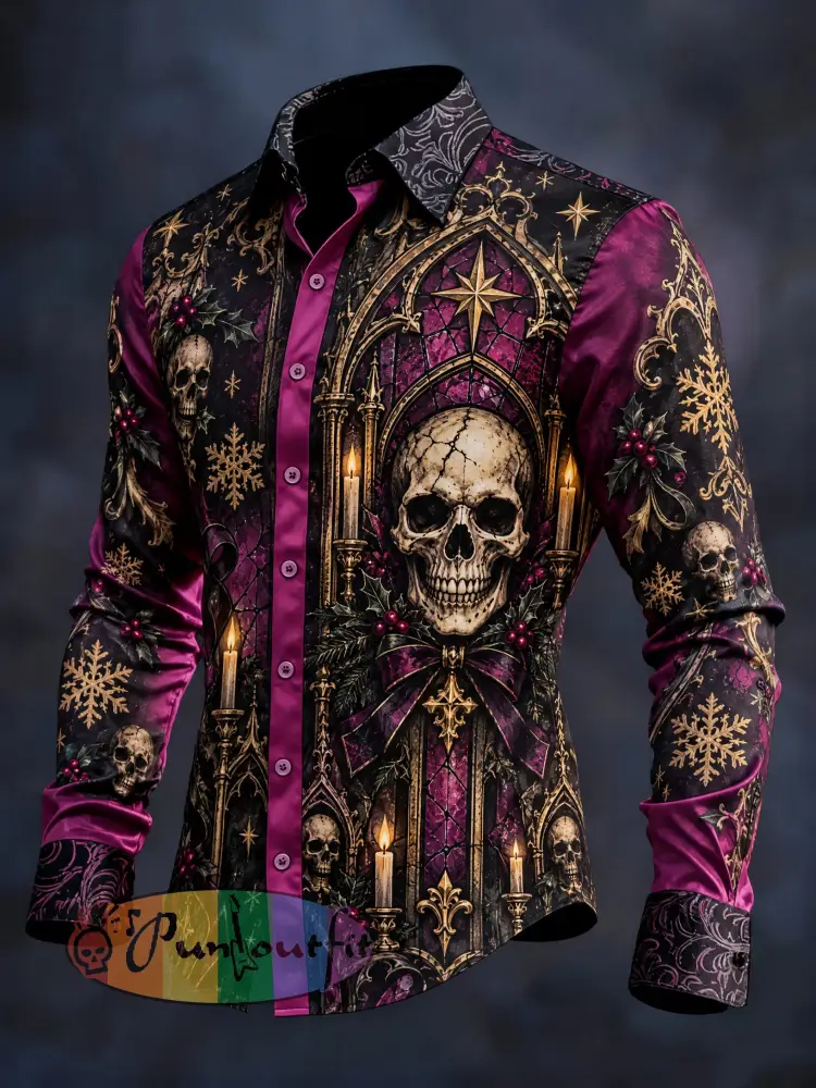 Men’s Gothic Skull Christmas Graphic Long Shirt - As picture · S