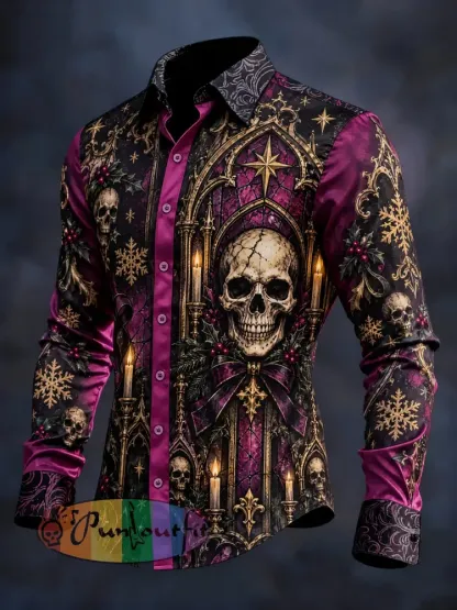 Men’s Gothic Skull Christmas Graphic Long Shirt - As picture · S