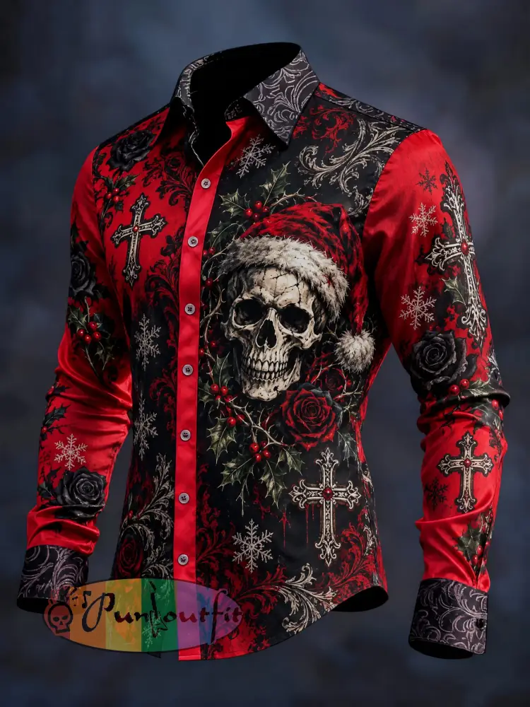 Men’s Gothic Skull Christmas Graphic Long Shirt - As picture · S