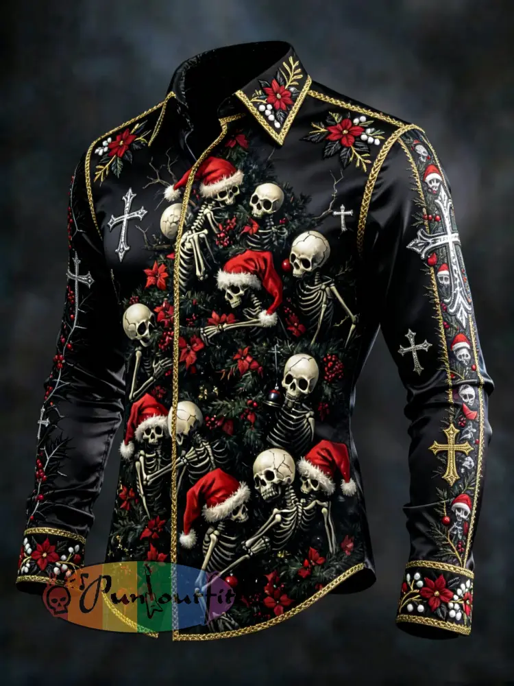 Men’s Gothic Skull Christmas Graphic Long Shirt - As picture · S