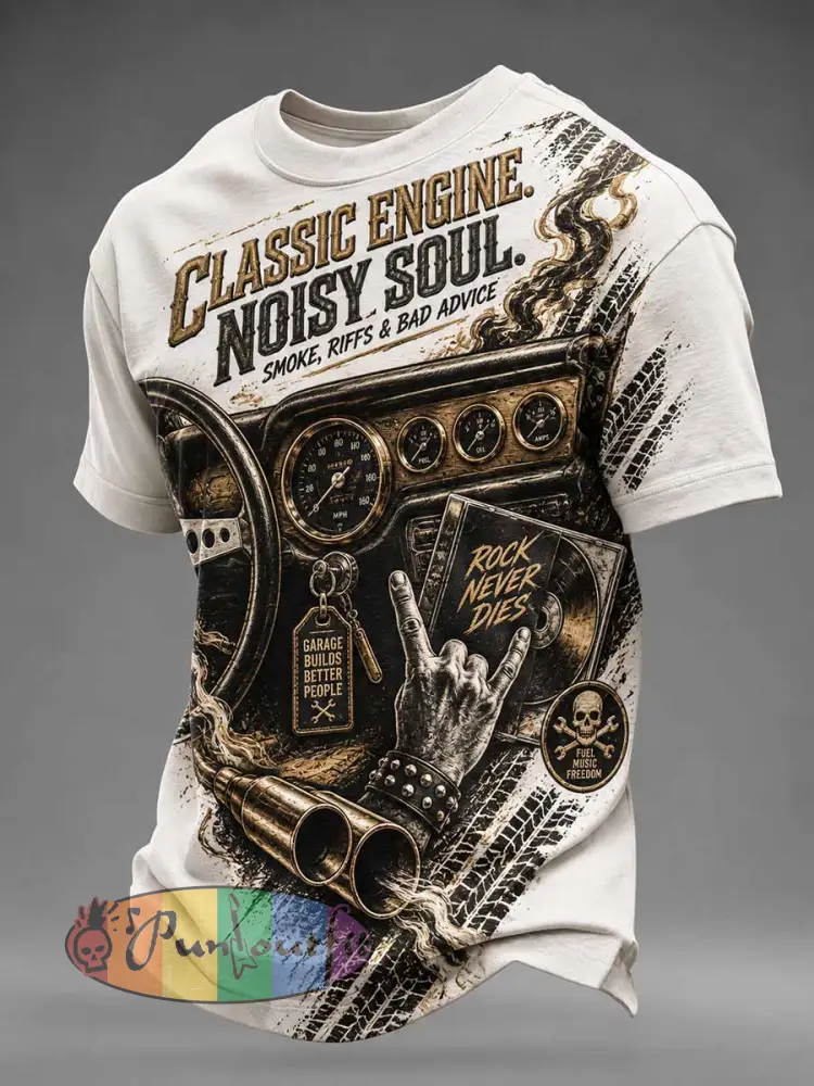 Men’s ’CLASSIC ENGINE. NOISY SOUL.’ Fun Slogan Printed T-Shirt - As picture · S