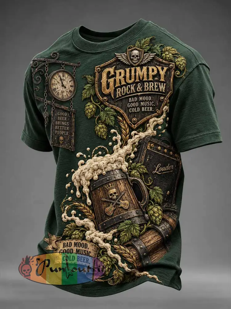 Men’s ’GRUMPY ROCK & BREW BAD MOOD. MUSIC’ Fun Slogan Printed T-Shirt - As picture · S