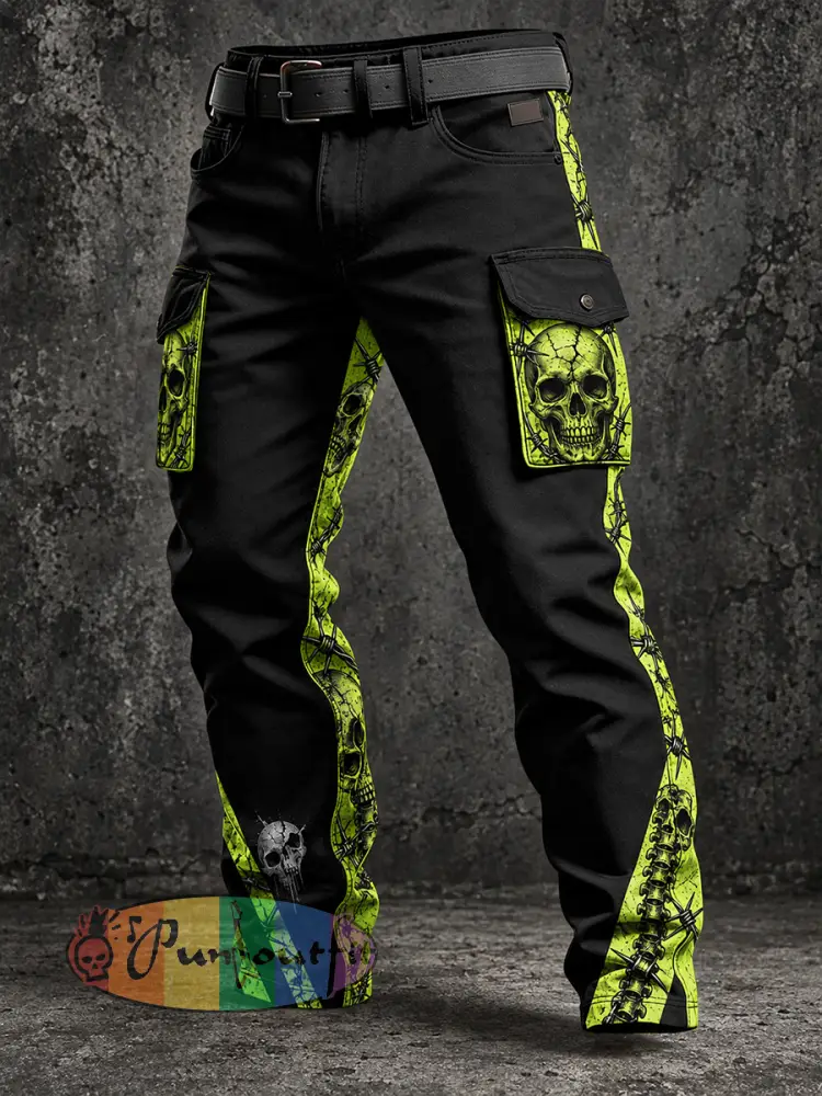 Men’s Vintage Punk-Style Graphic-Print Casual Cargo Pants - A · S