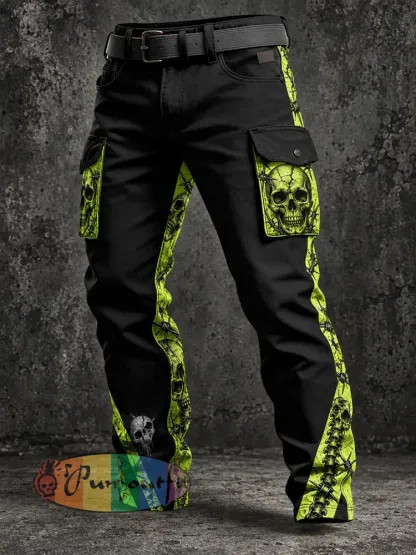 Men’s Vintage Punk-Style Graphic-Print Casual Cargo Pants - A · S