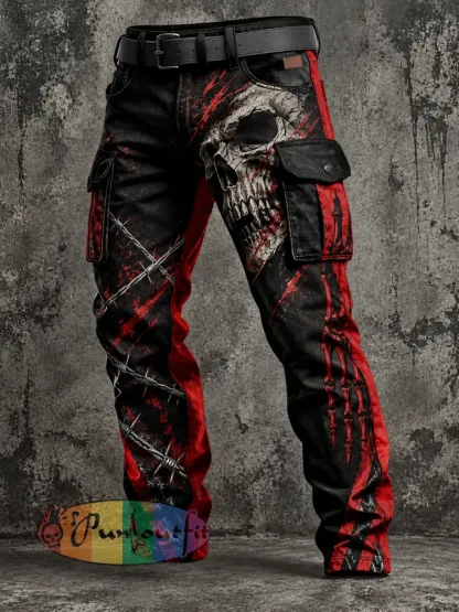 Men’s Vintage Punk-Style Graphic-Print Casual Cargo Pants - A · S